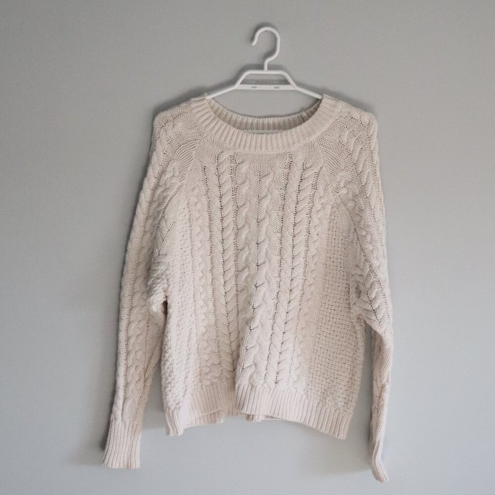 Aerie Womens White Sz S Cable Knit Crewneck Pullover Long Sleeve Ribbed Sweater